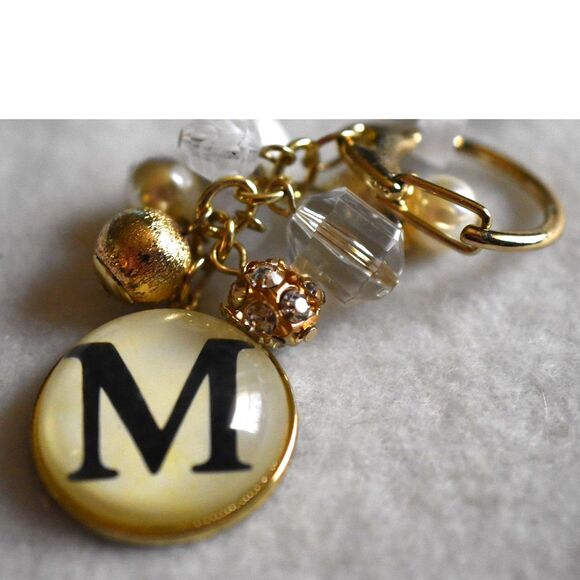 NWT M Monogram Bag Charm Purse Tassel Beaded Gold Tone 3.5" Keychain - Picture 2 of 2